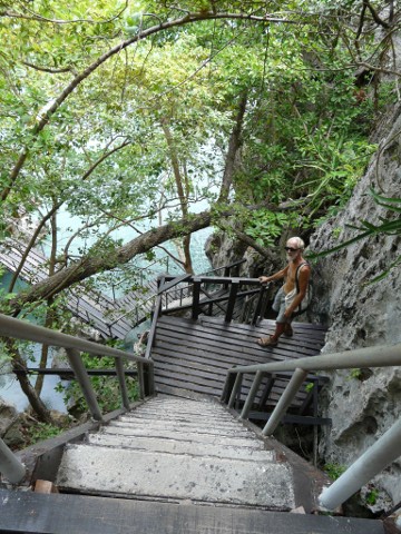 Jerry on steps down to lagoon